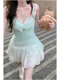 Daiiibabyyy  Beach Vaion Blue Lace Me Dr Two-Piece Set Summer Faion Pure Desire ort Sve V-Ne Cover-Up Outfit Student School