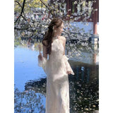 DAIIIBABYYY  -  Improved Modern White Halterneck Floral Embroidery Sleeveless Cheongsam Dress with Jacket Women's Autumn Chinese Party Dresses