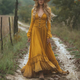 DAIIIBABYYY  -  Women Sexy V-Neck Dress Pleated A-line Button Ethnic Vintage Casual Indie Folk Mori Girl Style Long Sleeve Maxi DressAutumn