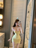 DAIIIBABYYY  -  Sweet Hot Girl Yellow Strap Dress Women's Summer Pure Sexy Lace Tight Fit Wrap Hip Short Dress Fashion Female Clothes