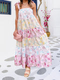 Daiiibabyyy  Elegant V-Neck Maxi Dress Sleeveless Ruffle Hem Evening Gown with Floral Print for Wedding Guest or Prom Party