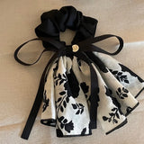 Daiiibabyyy New Vintage Black and White Printed Bow Ink Skirt Train Scrunchie Head Rope Female Senior Sense Gentle Elegant Bow Hair Rope
