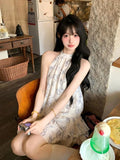 DAIIIBABYYY  -  French Halter Neck Sleeveless Dresses Women's Summer Seaside Resort Style Loose Butterfly Printed Short Dress Female Clothing