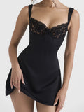 Daiiibabyyy  Women V neck Backless Party Skater Short Sling Dress Sexy Stitching Lace Bra Corset Style Spaghetti Strap Mini Dresses