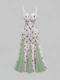 Daiiibabyyy  Pink Strawberry Floral Sheer Mermaid Dress With Lace Trim And Thin Straps For Spring Summer
