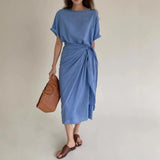Daiiibabyyy  Women Linen Wrap Midi Dress Round Neck Short Sleeve Side Tie Ruched Irregular Hem Casual Vacation Dress