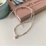 Daiiibabyyy  Korea Silver Color Acrylic Beads Pearl Strand Choker Necklaces for Women Pink Color Enamel Love Heart Pendant Necklace