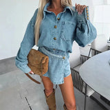 DAIIIBABYYY  -  Office Fashion Button Denim Outfit Sexy Irregular Slim Mini Shorts Two Piece Sets New Spring Lapel Long Sleeve Shirt Women Suits