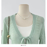DAIIIBABYYY  -  Vacation Style Hollow Hook Flower Trumpet Sleeve V-neck Knitted Sweater Summer Bow Tie Single Breasted Mid Length Top