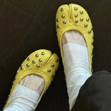 Daiiibabyyy  Genuine Leather Retro Rivet Split-toe Horseshoe Shoes Women Pumps Ballet Style Fashion Tabi Low Heeled Casual Loafers Lazy Shoes