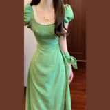 DAIIIBABYYY  -  French Bubble Sleeve Wave Point Green Dress For Women Summer New Seaside Vacation High Waist Temperament Long Style Dresses