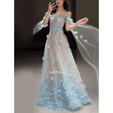 Daiiibabyyy  Fairy Blue A-line Evening Gown Dresses Fashion 3D Followers Wedding Dress Simple Photo Shoot Floor-Length Birthday Party Dress