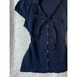 Daiiibabyyy  French Retro Vintage Temperament Navy Blue Lace Up Button T-shirt Slim Fit Slimming Top Women