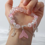 Daiiibabyyy  Korean Pink Crystal Fish Tail Pendant Bracelet For Women Elegant Handmade Beaded Tassel Chain Bracelets Jewelry Gifts