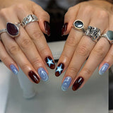 Daiiibabyyy  24PCS Sweet Cool Almond False Nails Blue French with Simple Star Polka Dots Designs Fake Nails Spice Girls Wearable Ins Nail Set
