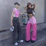 DAIIIBABYYY  -  Vintage Gradient Hipster Cargo Jeans Pants Women Autumn High Waist Button Zipper 3D Pockets Denim Wide Leg Trousers Streetwear