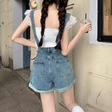 Daiiibabyyy  Women's Clothing Fashion Button Demin Overalls Pockets Spliced Summer New Vintage Straight Basic Wide Leg Rolled Edge Jumpsuits