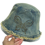 DAIIIBABYYY  -  High Quality Bow Hot Diamond Design Denim Bucket Hat Women Spring and Summer Personality Trend Rough Edge Design Basin Cap