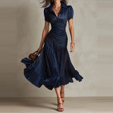 Daiiibabyyy  Collar solid color shirt dress, spring fashion casual short sleeved high waisted dress elegant commuting summer long skirt