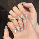 Daiiibabyyy  10pcs Hand-carved 3D Ice Flower Press On Nails Light Blue French Style Cat Eye Handmade False Nail Ins Charm Wearable Fake Nail
