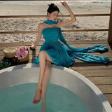 DAIIIBABYYY  -  Blue Sexy Strapless Princess Birthday Party Dress Summer Holiday Beads Belt A Line Mini Dress Slash Neck Ribbon Slim Short Skirt