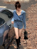DAIIIBABYYY  -  Autumn Women Denim Pants Suits Blue Hooded Pullover Shirt Top Female High Waist Shorts Fashion Streetwear