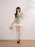 Daiiibabyyy  Vintage Japanese Square Collar Short Sleeve Solid Lace Patchwork Bow Women Blouse