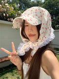 DAIIIBABYYY  -  Korean Version Bow Print Lace Strap Headscarf Hat Women's Summer French Pastoral Style Sweet Vacation Curved Brim Sun Cap