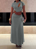 DAIIIBABYYY  -  solid two piece sets for women round neck short sleeveless hollow out tops high waist long skirts elegant set female style