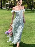 Daiiibabyyy French 2024 Summer Woman Green Ruffle Edge Slip Long Dresses Sexy Club Fashion Backless Holiday Party Sleevess Sundress Bohemian