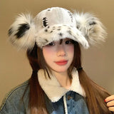 Daiiibabyyy  New Retro Leopard Print Leopard Print Pom Poms Ears Baseball Caps Women Washed Trendy Street Y2K Snapback Hat Cotton Sun Hats