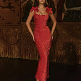 DAIIIBABYYY  -  Bow Suspenders Slim Banquet Dress Women Sexy Hollow Embroidery Solid Color Long Dress 2025 Fashion Backless Zipper A-line Dress