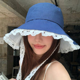 DAIIIBABYYY  -  Korean Simple Temperament Lace Blue Bucket Hat Women's Summer Fashion Vacation Big Brim Sunshade Strap Foldable Sun Cap Gorras
