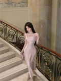 DAIIIBABYYY  -  Sexy Satin Spaghetti Strap Party Dress Elegant Floral Slim Birthday Evening Prom Midi Dress Female High Waist Split Vestidos New