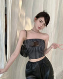 DAIIIBABYYY  -  Yi Dakeda Hollow out Knitted Tube Top Women's Short Fit Soft Outerwear Design Sensation Vest Polyester Blend Fabric