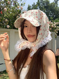 DAIIIBABYYY  -  Korean Version Bow Print Lace Strap Headscarf Hat Women's Summer French Pastoral Style Sweet Vacation Curved Brim Sun Cap