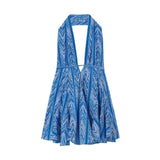 Daiiibabyyy  Sexy Women Halter V Collar Backless Mini Dress Women Holiday Blue Floral Lacing up Back Loose Dresses Femme Vestidos Summer Robe