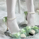 Daiiibabyyy  Mid Heel Shoes Woman Pink Green White Heels Pointed Toe Bridal Heels Lolita Heels Y2K Accessories Bow Pearl Stiletto Women