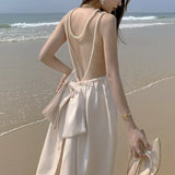 DAIIIBABYYY  -  Super Fairy Sexy Sanya Beach Resort Party Skirt Women Elegant Pearl Backless Bow Dress Summer Holiday Apricot Glossy Midi Dress