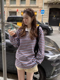 DAIIIBABYYY  -  Korean Women T Shirt 2025 A Niche Contrasting Striped Pullover Spring New American Retro Style Loose Versatile Top