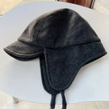 Daiiibabyyy  Autumn and Winter New Plain Weave Ear Protector Baseball Cap Men's and Women's Short Brim Outdoor Warm Riding Woolen Bomber Hats