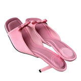 Daiiibabyyy  Butterfly-knot Satin Women Slipper Slip On Ladies Sandal Thin High Heel Outdoor Dress Slides Shoes Summer Fashion