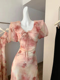 Daiiibabyyy  Women's Elegant Puff Sleeve Ruffles V Neck Floral Long Dress Lady Summer Short Sleeve Slim A Line Long Dress