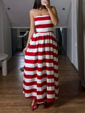 Daiiibabyyy  Striped Print Fashion Summer Long Dress Sexy Strapless Waist Pleated Holiday Dress Women Elegant Sleeveless Pocket Party Dresses