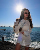 Daiiibabyyy  Pearl Corchet Mini Dress Women Summer Party Long Sleeve Knitting Dresses Cover Up Elegant Slim Vestidos Holiday Beach Robe