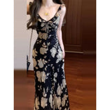 Daiiibabyyy  French Style Floral Print V-Neck Midi Dress with Lace Trim Summer New Arrival Slimming Long Gown for Women Tea Break Retro