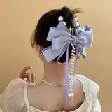Daiiibabyyy Elegant Bow Ribbon Hairpin for Women Long Tassels Fashions Pearl Bowknot ponytail clip Retro Headband Girls Hair Accessories