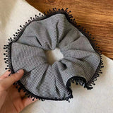Daiiibabyyy  1PCScrunchies Women's Korean Style New Houndstooth Pattern Hair Accessories With Tassel Edge For Daily, Party, Gift, Fashionable
