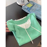 DAIIIBABYYY  -  Female Korean Sweet Patchwork Pleated O-neck Short Sleeve T-Shirts Women Clothing Simplicity Bow Elasticity Buttons Pullovers