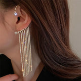 Daiiibabyyy  New Luxury Shining Zircon Rhinestone Long Tassel Ear Bone Clip Earring Ear Cuff Exquisite Earring Wedding Party Jewelry